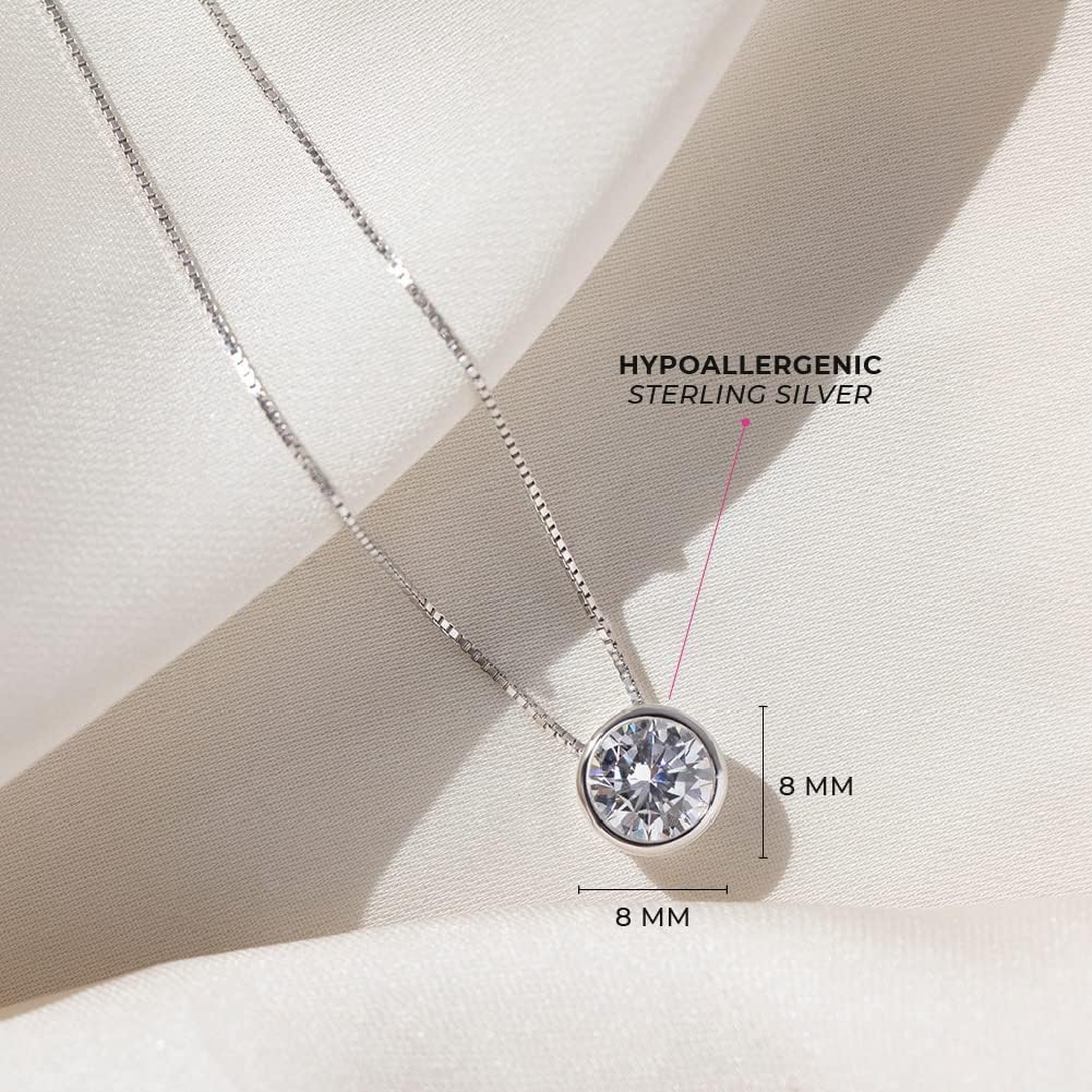 925 Sterling Silver Dainty Clear Cubic Zirconia Pendant Necklace Chain for Teen Girls 16" - Simple and Delicate Sparkling Necklace For Teenage Girls - Glittering Casual Necklaces for Everyday Wear