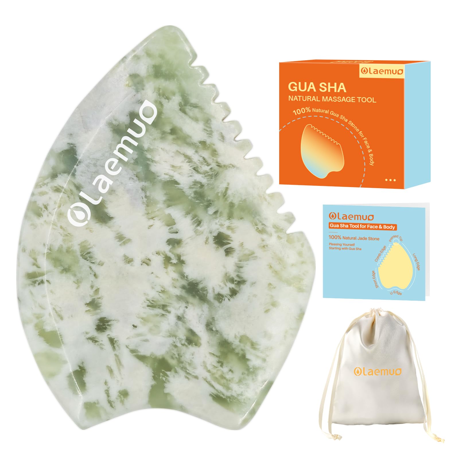 Olaemuo Jade Gua Sha Facial Tool - Face Massager Stone to Lift/Sculpt/Tone/De-Puff, Double Chin Reducer, Jawline Shaper, Lymphatic Drainage Face Sculpting Tool, Natural Translucent Bian Stone