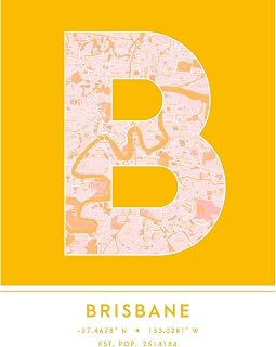 Wee Blue Coo Brisbane Australia City Map Yellow Colour Block Modern Typography Stylish Letter Unframed Word Wall Art Print Poster for Home Décor CITYMAP1