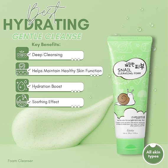 esfolio Snail Cleansing Foam Nourishing Face Wash for Hydrated & Smooth Skin Korean Skincare with Snail Extract for Deep Pore Cleansing & Anti-Aging Gentle Foaming Facial Cleanser (5.29oz-150g)