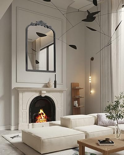 Miniatura 5 de Espejo de pared tradicional arqueado negro, 24 x 36 pulgadas, elegante espejo de baño con marco mate adornado, decoración del hogar de inspiración