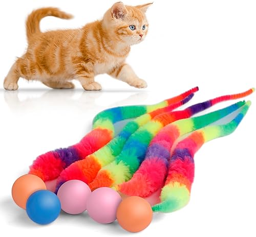 Miniatura 8 de Bola hinchable con cola para gato, 6 paquetes de gusano mágico arcoíris con bola para gatos, bolas coloridas y esponjosas (arco iris grande) Gusano