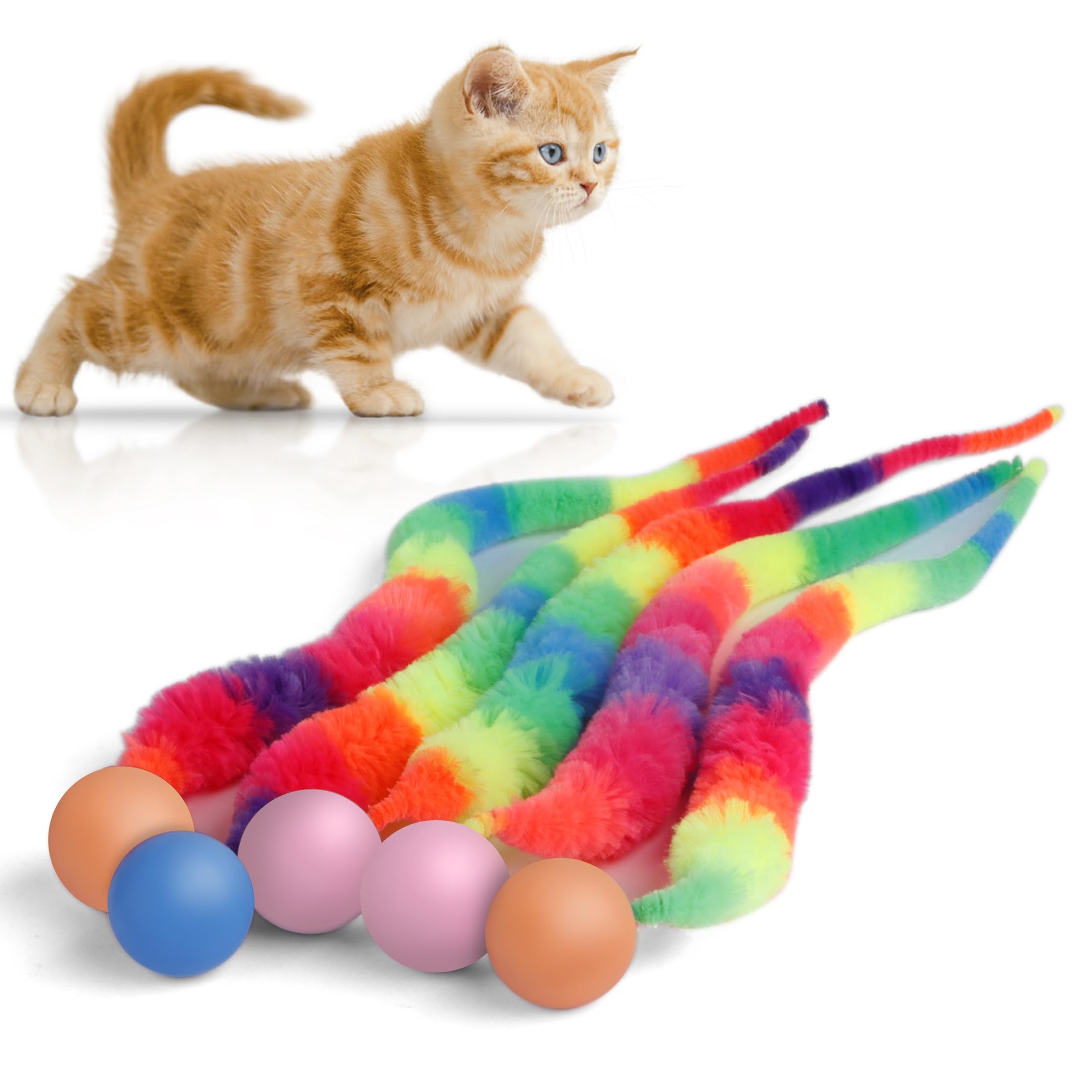 LE TOOTER Bouncy Ball with Tail Cat Toys,5 Packs Rainbow Large Magic Worm with Ball Toy for Cats,Colorful Fuzzy Worm Bouncy Balls Cat Toy