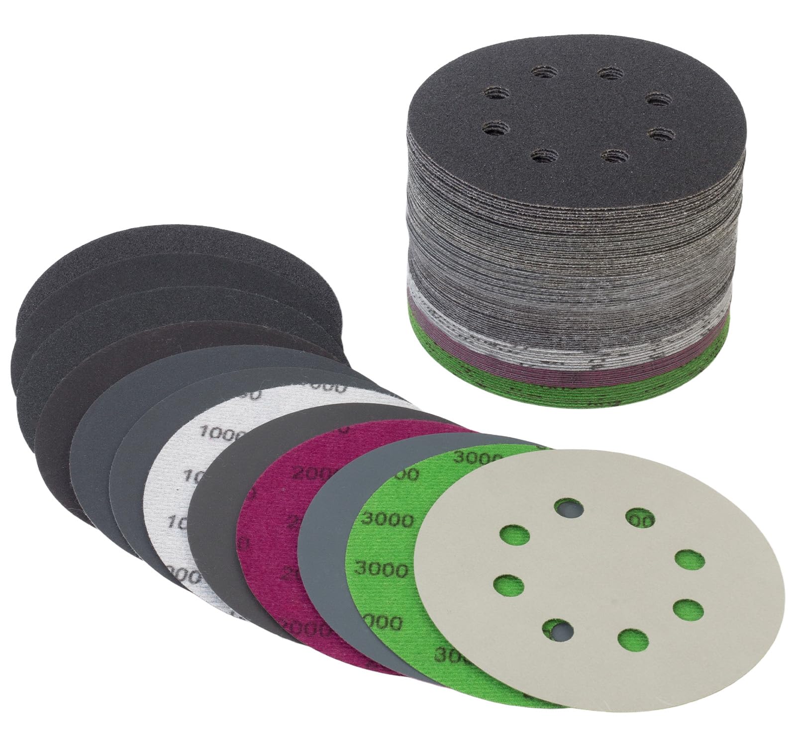 100 PCS 125mm Sanding Discs 8-Hole Hook and Loop Sandpaper Grit 80 120 150 240 320 400 600 1000 2000 3000 Wet and Dry Sandpaper Round Orbital Random Sander Discs for Sanding Polishing Finishing