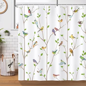 Bonhause Bird Shower Curtain, Spring Birds on Tree with Green Leaves Bathroom Decor 72 x 72 Inch Polyester Fabric Waterproof Bath Curtain with 12 Hooks