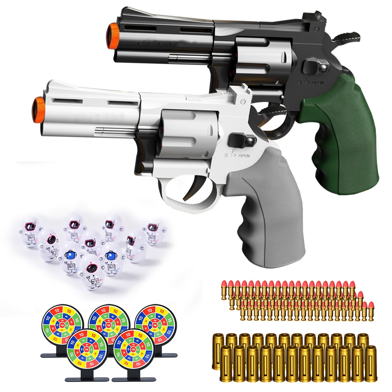 2Pcs Soft Bullet Gun Toy - Revolver -Automatic Pull Back Action Semi-Automatic Handgun with Shell Ejection and Auto Rebound, for Children Age 3-8+