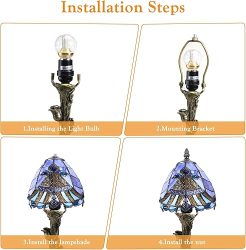 Miniatura 8 de Lámpara Pequeña Estilo Tiffany, Mini Lámparas Tiffany de Vidrio Emplomado Barroco Azul para Sala de Estar, Hogar, Dormitorio, Mesita de Noche,