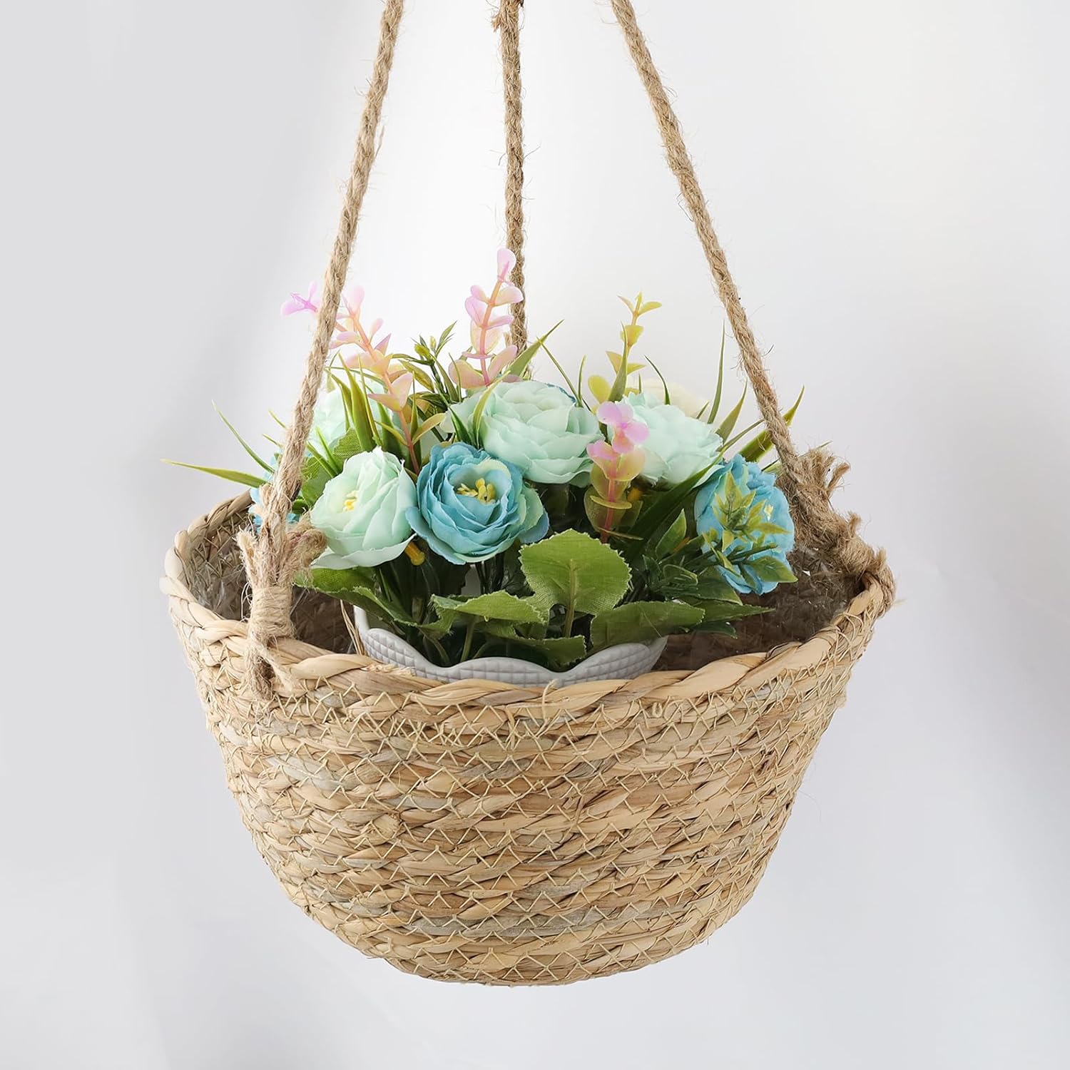 MY MIRONEY 2PCS Hanging Planter Basket Natural Seagrass Woven Plant Pot Hanger Hanging Plant Holder with Twine for Home Decor, Indoor & Outdoor Use, 8.11" x 4.96", Khaki
