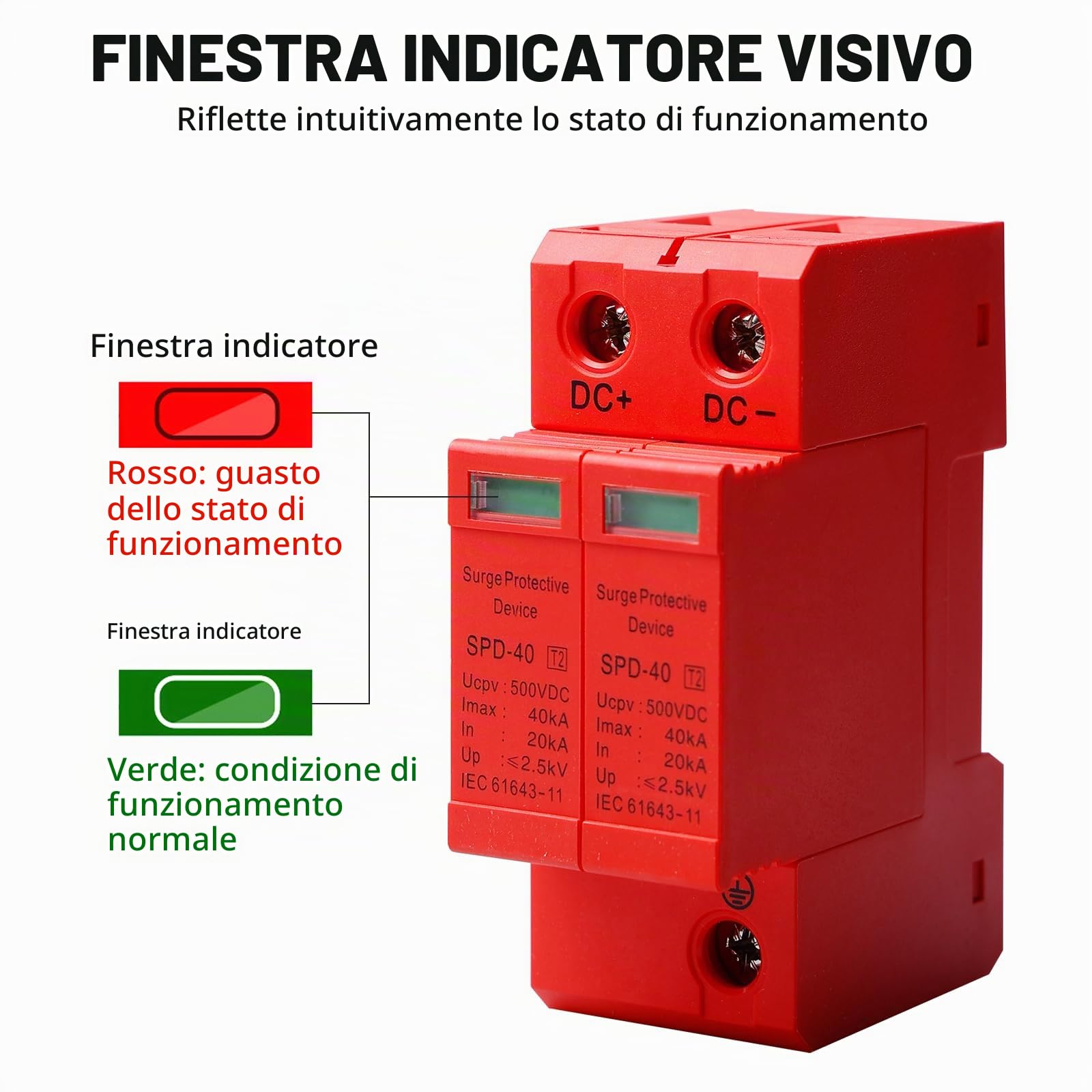 Scaricatore Di Sovratensione Per Fotovoltaico 2P 40kA 500V, Protezione Fulmini Per Impianti DC, Montaggio Su Guida DIN, Con Finestra Di Stato