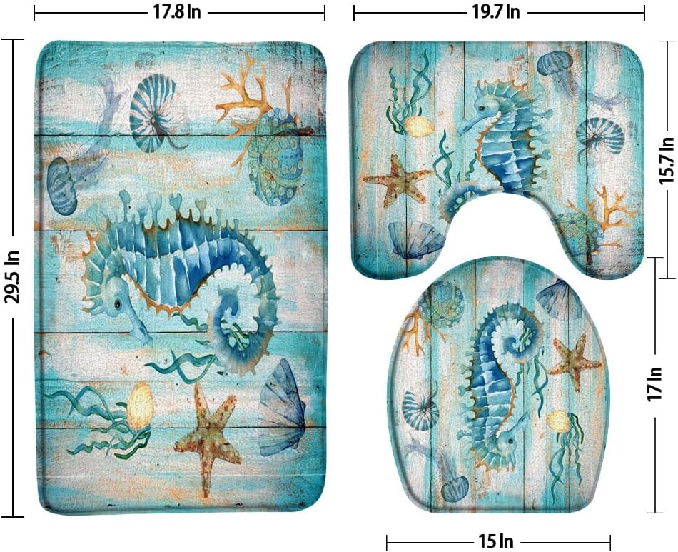 3pcs Nautical Seahorse Bathroom Sets with Non-Slip Rug,Toilet Lid Cover and Bath Mat,Vintage Teal Beach Watercolor Tropical Sea Animal Marine Creature Blue Wooden Bathroom Carpet Bath Mat Toilet Rugs