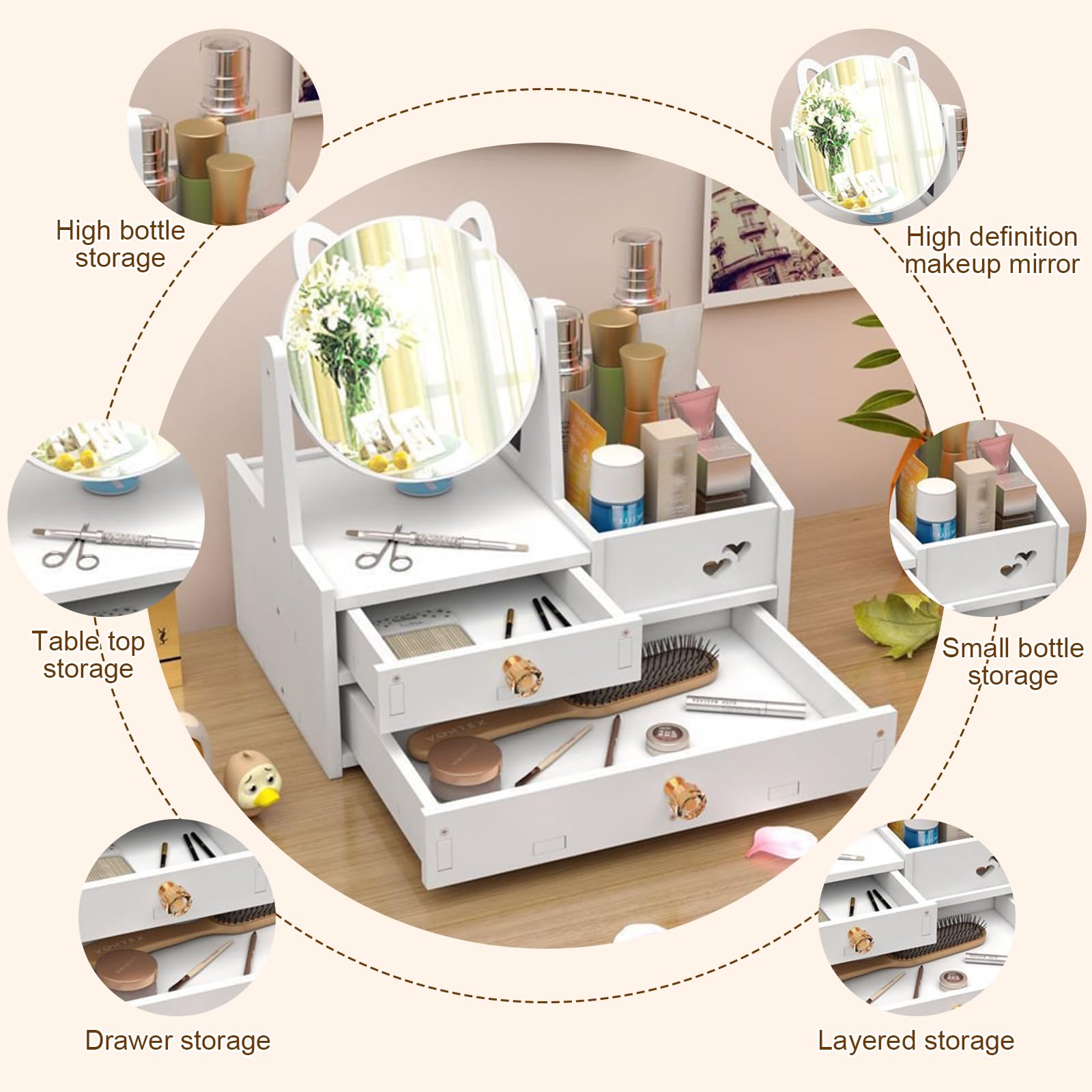 SAVOSWEET Makeup Organizer with Mirror and Drawers, Cosmetic Organizer for Toiletry White, 1 - Image 4