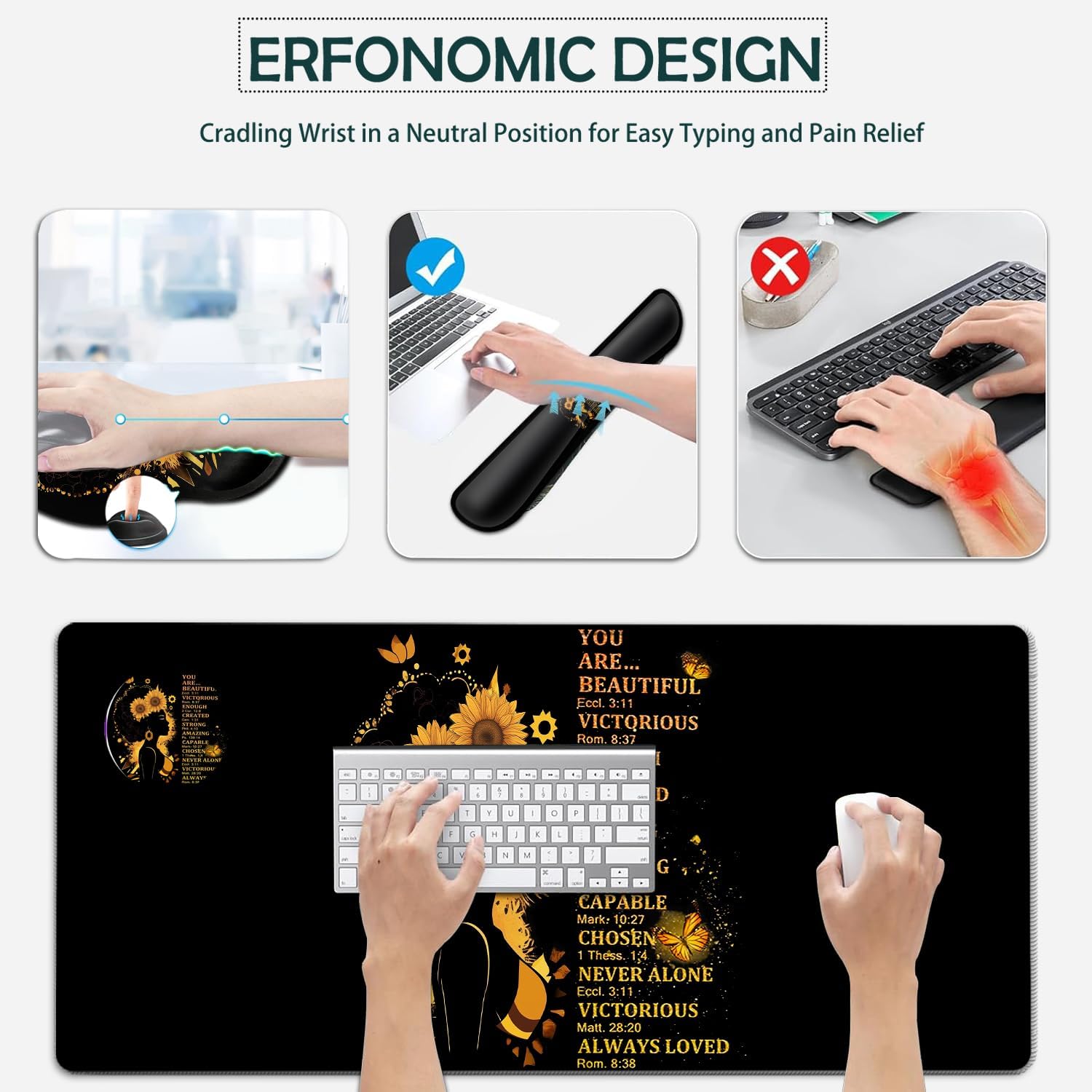 Large Mouse Pad, Ergonomic Mouse Pad with Wrist Rest and Keyboard Wrist Rest 4 in 1 Set, 31.5 x11.8 inch Extended Desk Pad for Home Office, Motivational Girl Silhouette XXL Black Gaming Mouse Mat