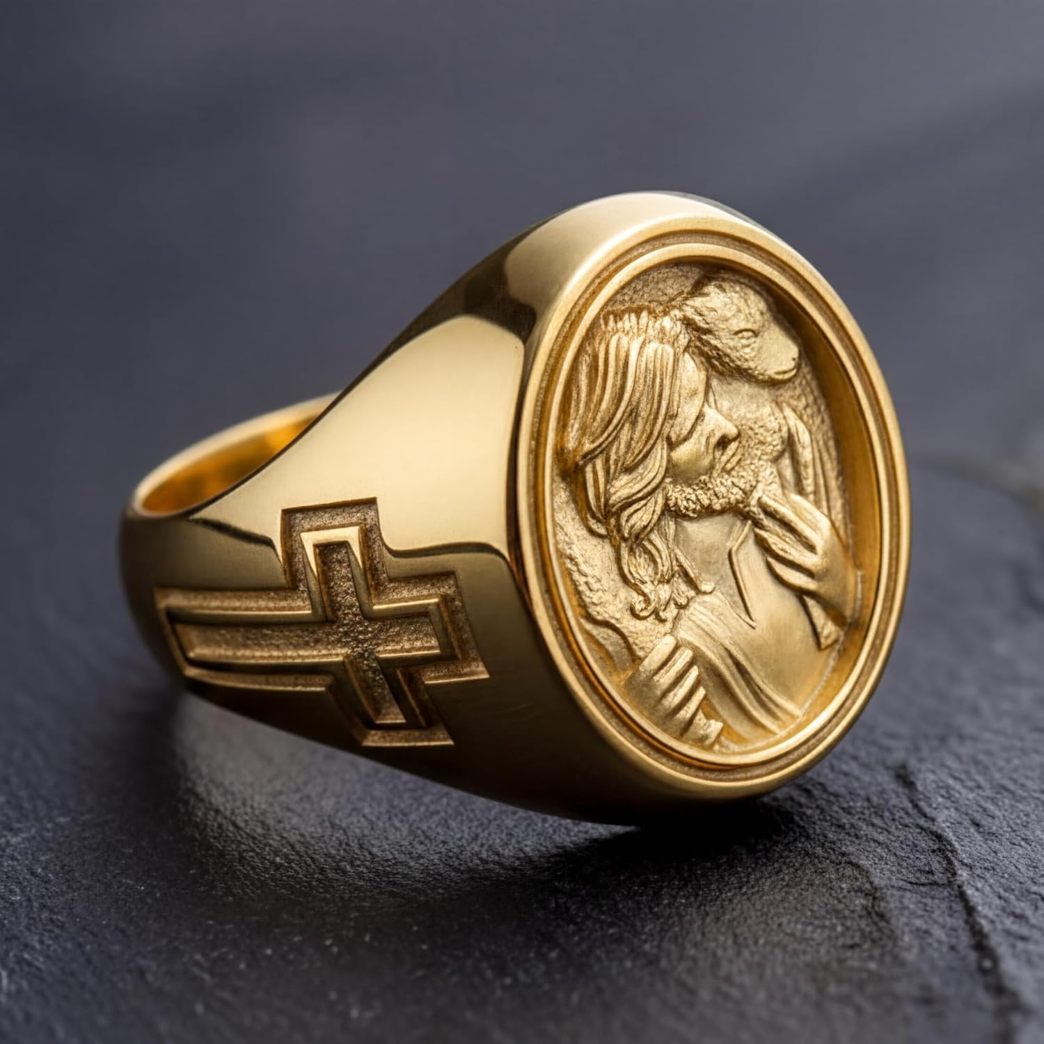 925 Sterling Silver Jesus Good Shepherd Ring - Christian Religious Jewelry for Men Women - Handcrafted Oxidized Band with Cross Symbol