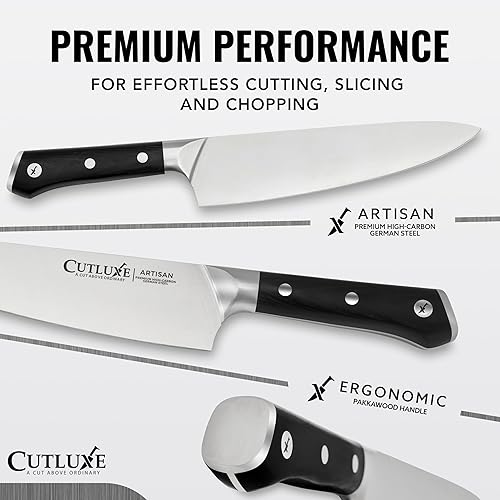 Miniatura 2 de Cutluxe Juego de 5 cuchillos de cocina, juego de cuchillos de chef, acero alemán afilado, espiga completa, asas ergonómicas, serie artesanal