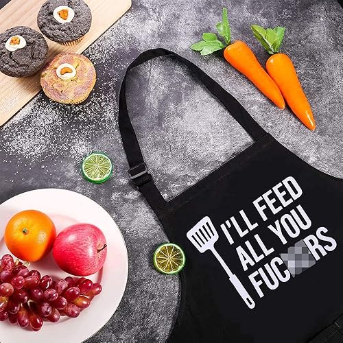 Miniatura 7 de Divertidos delantales negros para hombres y mujeres, ajustables con 3 bolsillos, regalos para cocinar, asar, barbacoa, chef