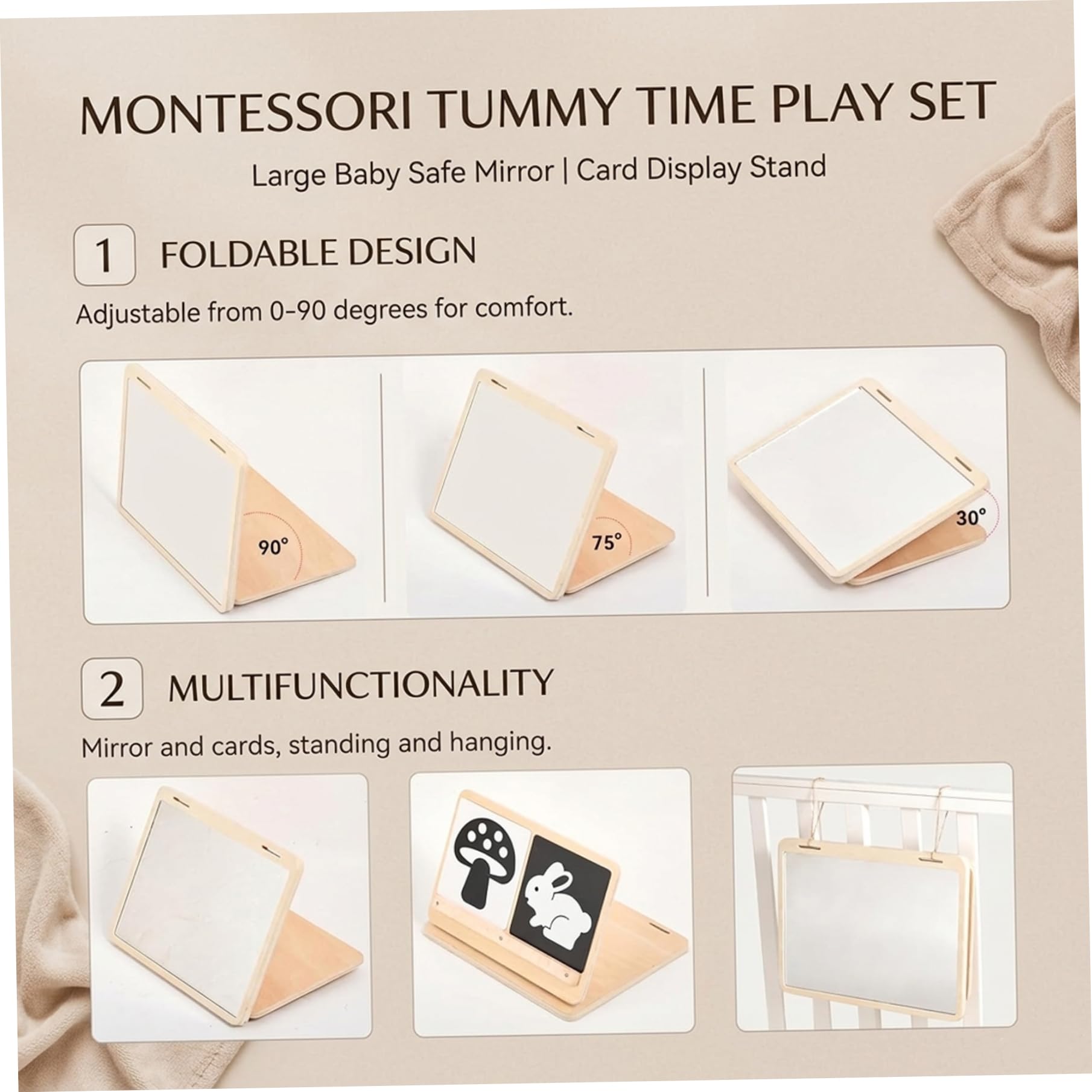 Espejo para bebé, juguete para el tiempo boca abajo, espejo para bebé, juguete para el tiempo boca abajo, sensorial Montessori con soporte ajustable y tarjetas visuales para recién nacidos de 0 .