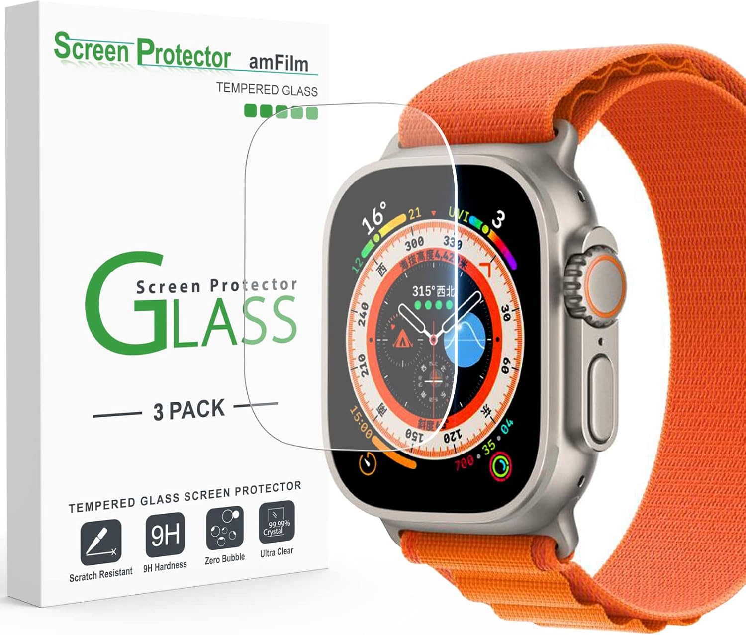 (3 Pack) amFilm Glass Screen Protector for Apple Watch Ultra 2022