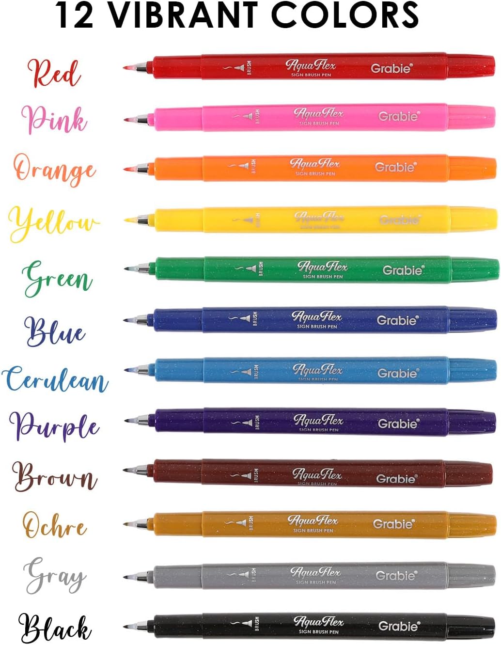 Grabie AquaFlex Sign Brush Pen Set of 12 – Flexible Brush Tip with Waterproof, Archival Ink for Calligraphy, Journaling, Drawing & Illustration – Vibrant, Quick-Drying, Non-Toxic & Smudge-Proof