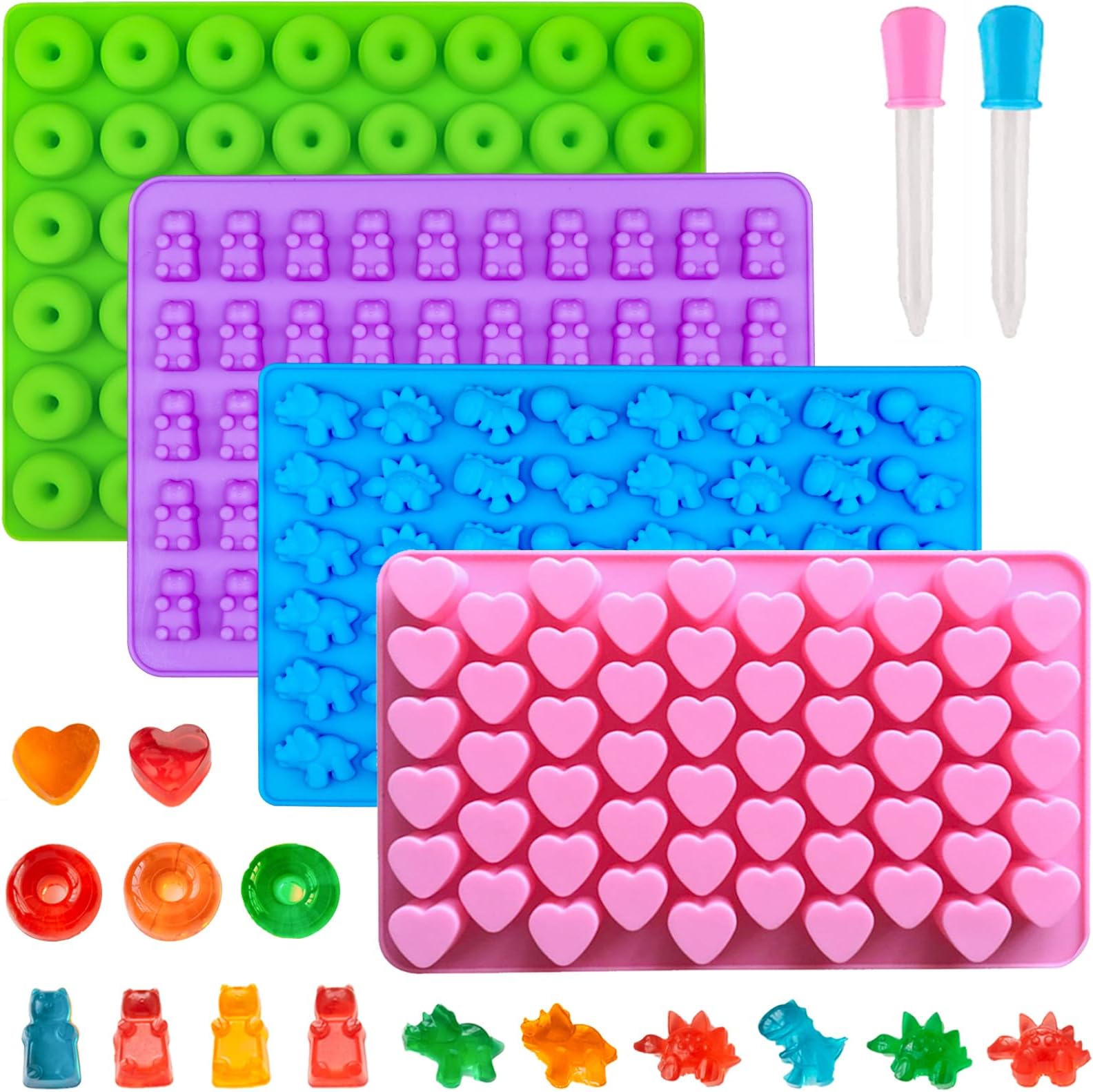 Warm TIME Silicone Gummy Bear Candy Molds, 4 Pack with 201 Cavities, Multi-Shape (Dinosaur, Bear, Heart, Mini Donut), Non-Stick, BPA Free