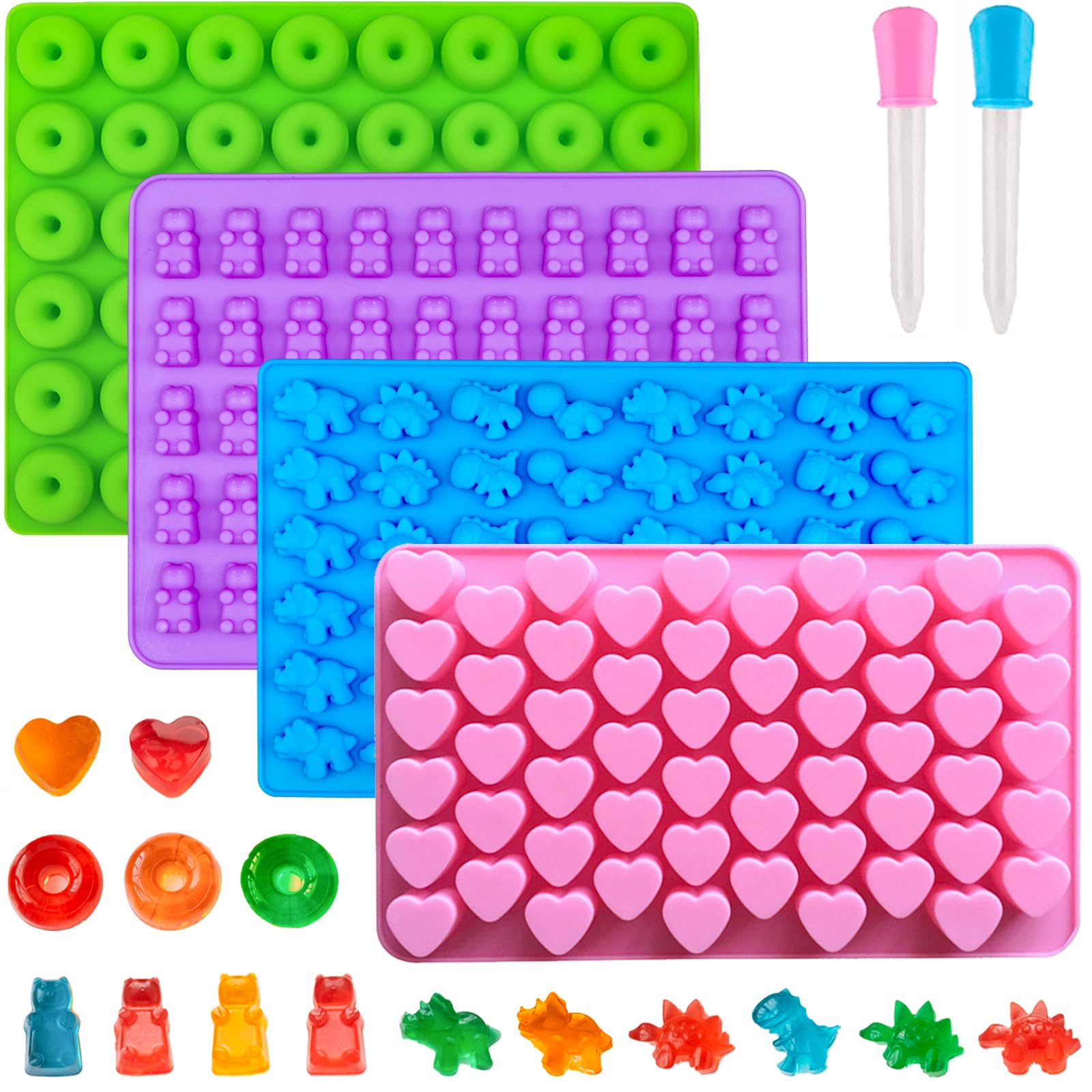 Gummy Bear Candy Molds, Mini Silicone Molds, 4-Pack with 2 Droppers | Food-Grade, BPA-Free &amp; Non-Stick, Featuring Heart, Dinosaur, Bear &amp; Donut Shapes for Gummies, Candy &amp; Fruit Snacks