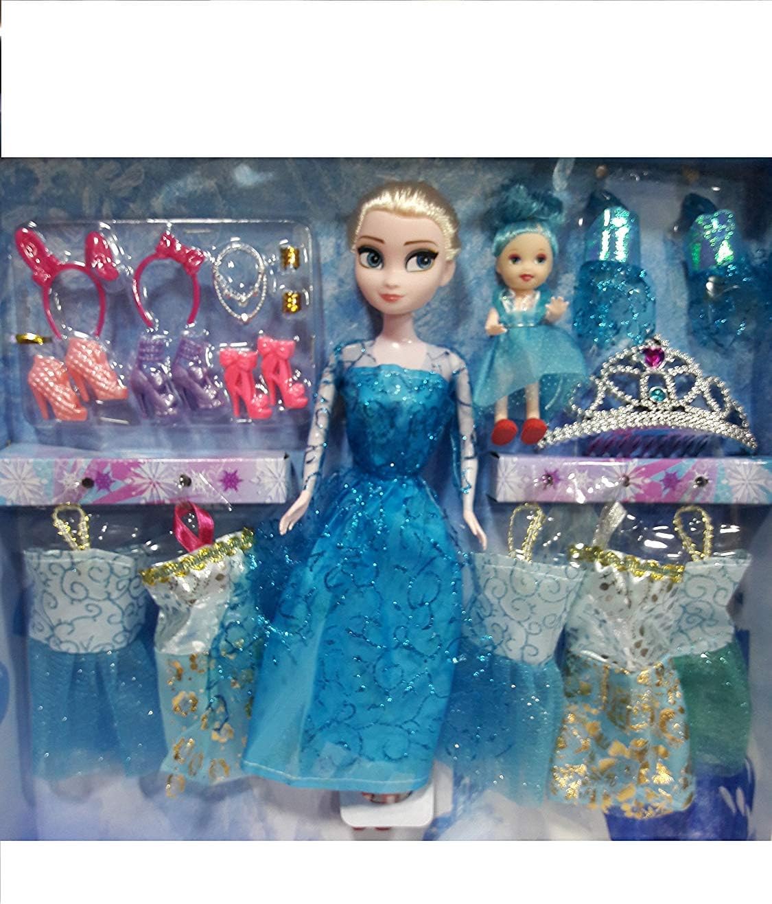 Forever Kidzz Frozen Beautiful Miss India & Fairy Doll Set with Accessories, Makeup Set Wardrobe Dresses Combo Doll Set (Blue Set)