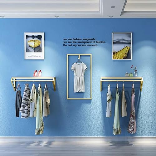 Miniatura 9 de Modern Simple - Estante de exhibición de metal resistente para hombres y mujeres, perchero de pared con madera, riel para ropa, toallero para colgar