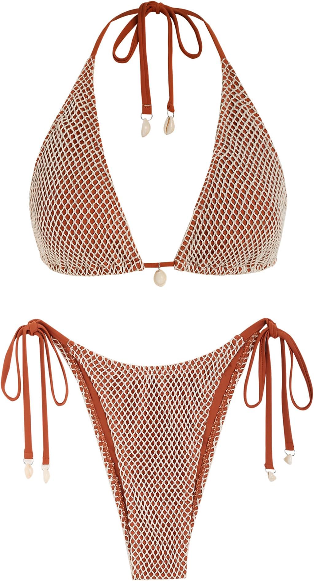 ZAFUL Women's Triangle Bikini Multiway Fishnet Tie Side Bandeau Halter String Bikini Set Two Piece Swimsuit Bathing Suits (1-Coffee, S)