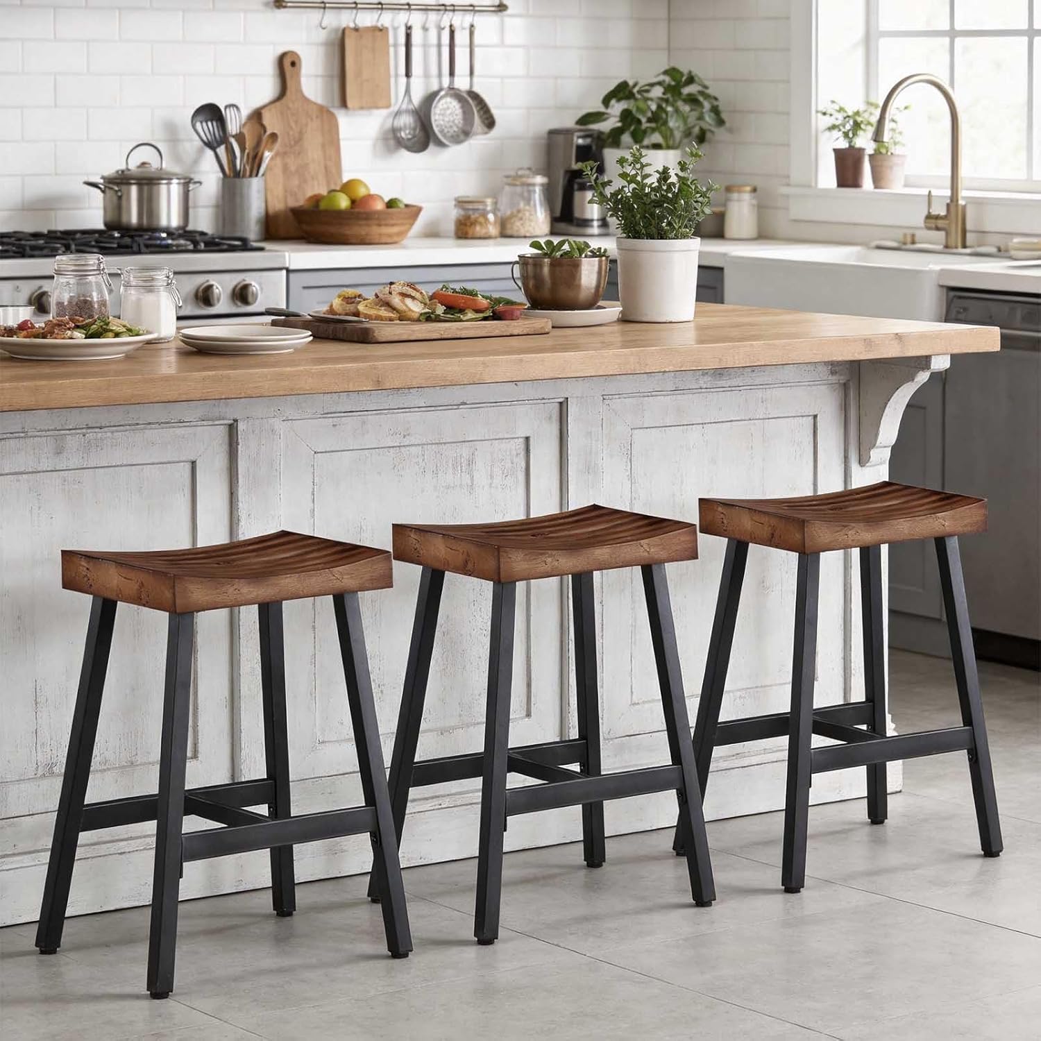 Rustic Farmhouse Wood Bar Stools Set of 3, 25" Backless Counter Barstools with Brown Solid Wooden Saddle Seat, Heavy Duty Vintage Black Industrial Metal Stools for Kitchen Island, Bar