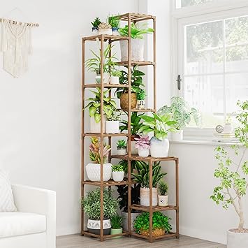 Bamworld 72" Tall Plant Shelf Indoor Outdoor Corner Plant Stand Large Plant Table Wood Plant Hold...