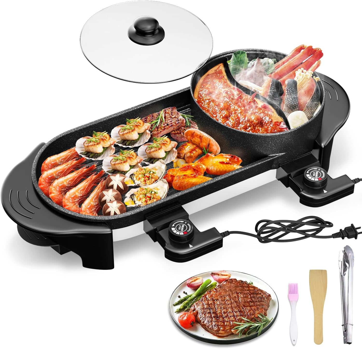 Electric Grill Hot Pot 2 in 1,Multifunctional Smokeless Grill Indoor Teppanyaki Grill/Shabu Pot with Divider-Separate Dual Temperature Contral,Non-Stick Pan BBQ Capacity for 2-12 People,110V