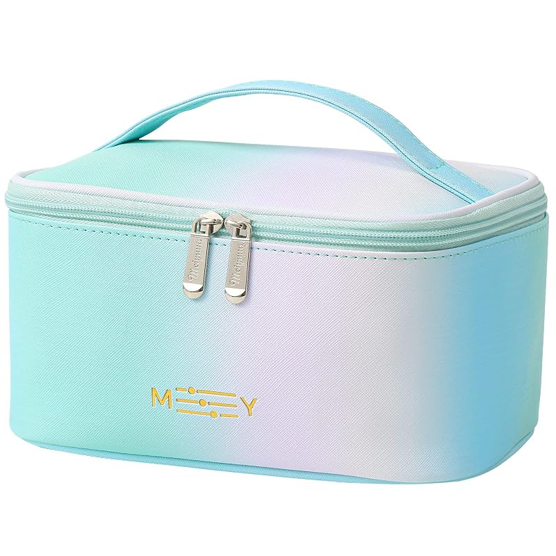 Necessaire de maquiagem de viagem Meiyuuo em couro PU, Rainbow Green, com divisórias