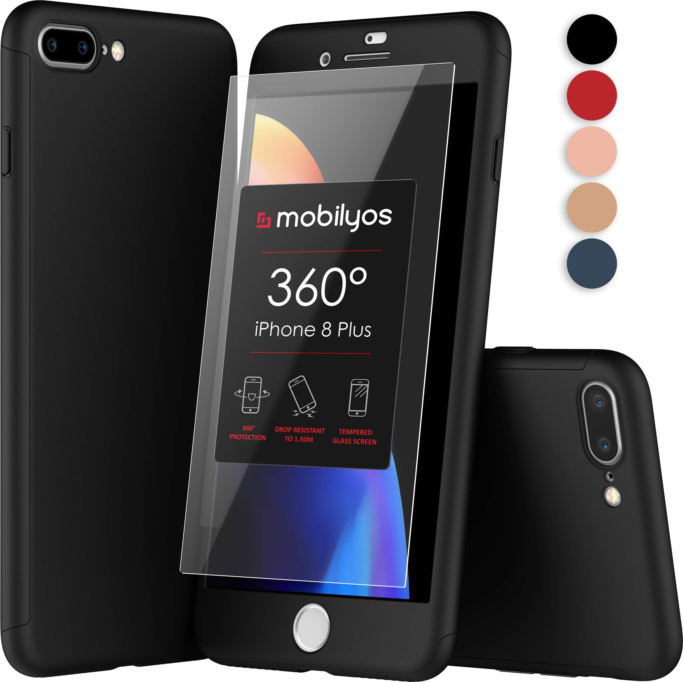 360 iPhone 8 PLUS Case - Ultra-Thin Full Body Protective Cover for iPhone 8 PLUS with Tempered Glass Screen Protector โ Hard and Slim Fit Case for Apple iPhone 8 PLUS (Black)