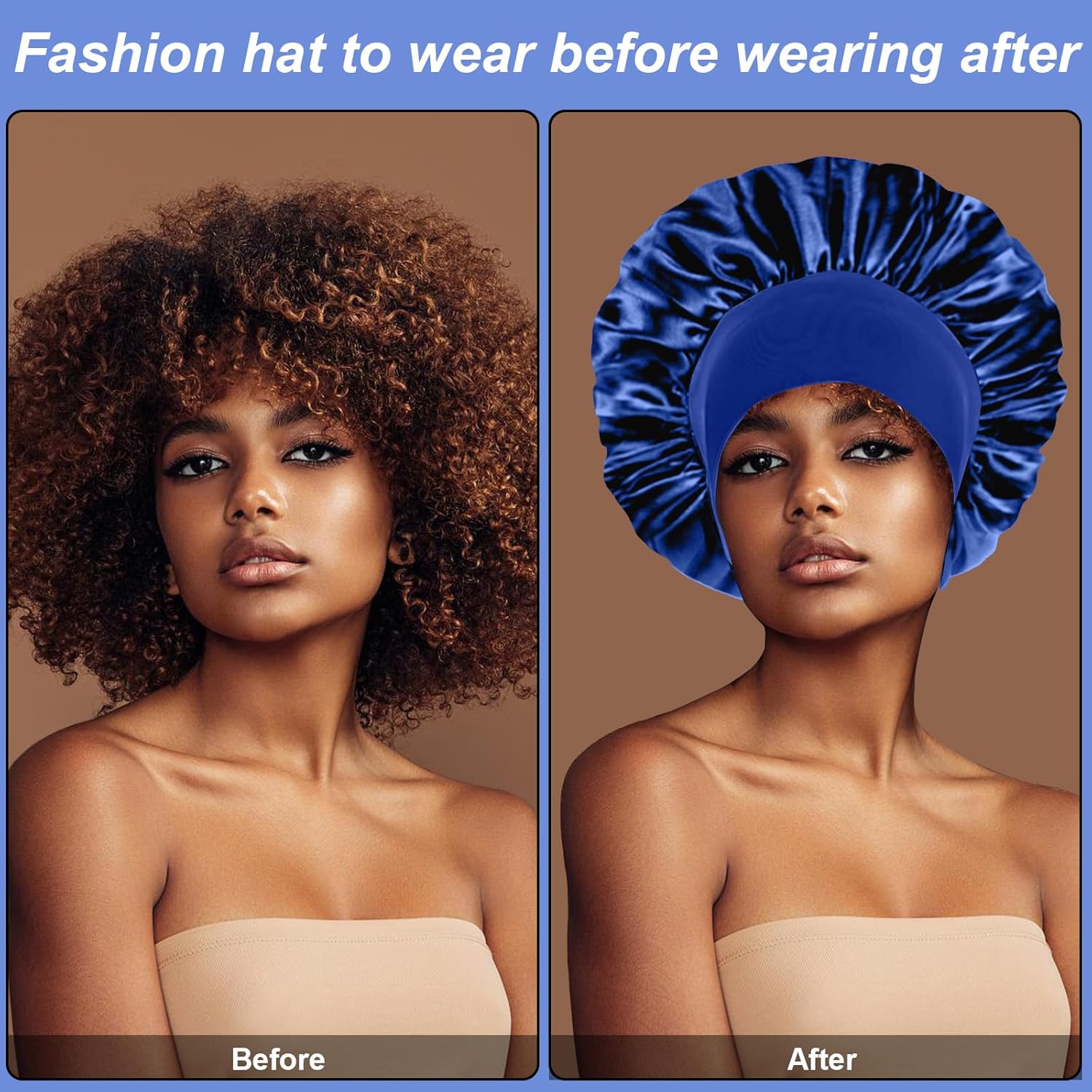 4PCS Silk Bonnet for Sleeping - Satin Hair Wrap Cap for Black Women Men, Curly Hair - Elastic Wide Band Shower Cap (Black, Sapphire Blue, Green, Purple) - Image 6