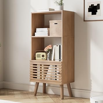 Furnify 3-Tier Small Bookcase with Open Shelf and Slatted Door, Oak