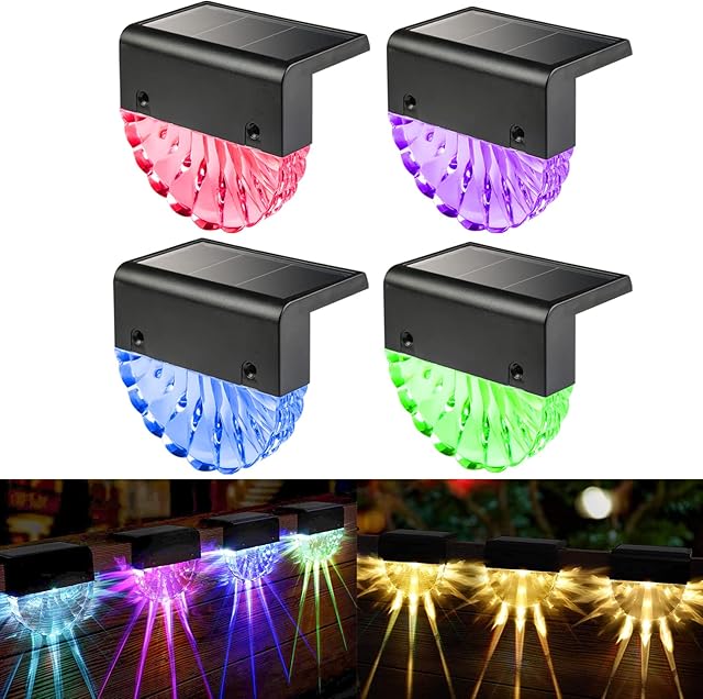 4 Pack Solar Step Lights, Outdoor Waterproof Led Solar Deck Lights Color Change Glow, for Fence Patio Stairs Post Pathway Porch Driveway Garden Decor