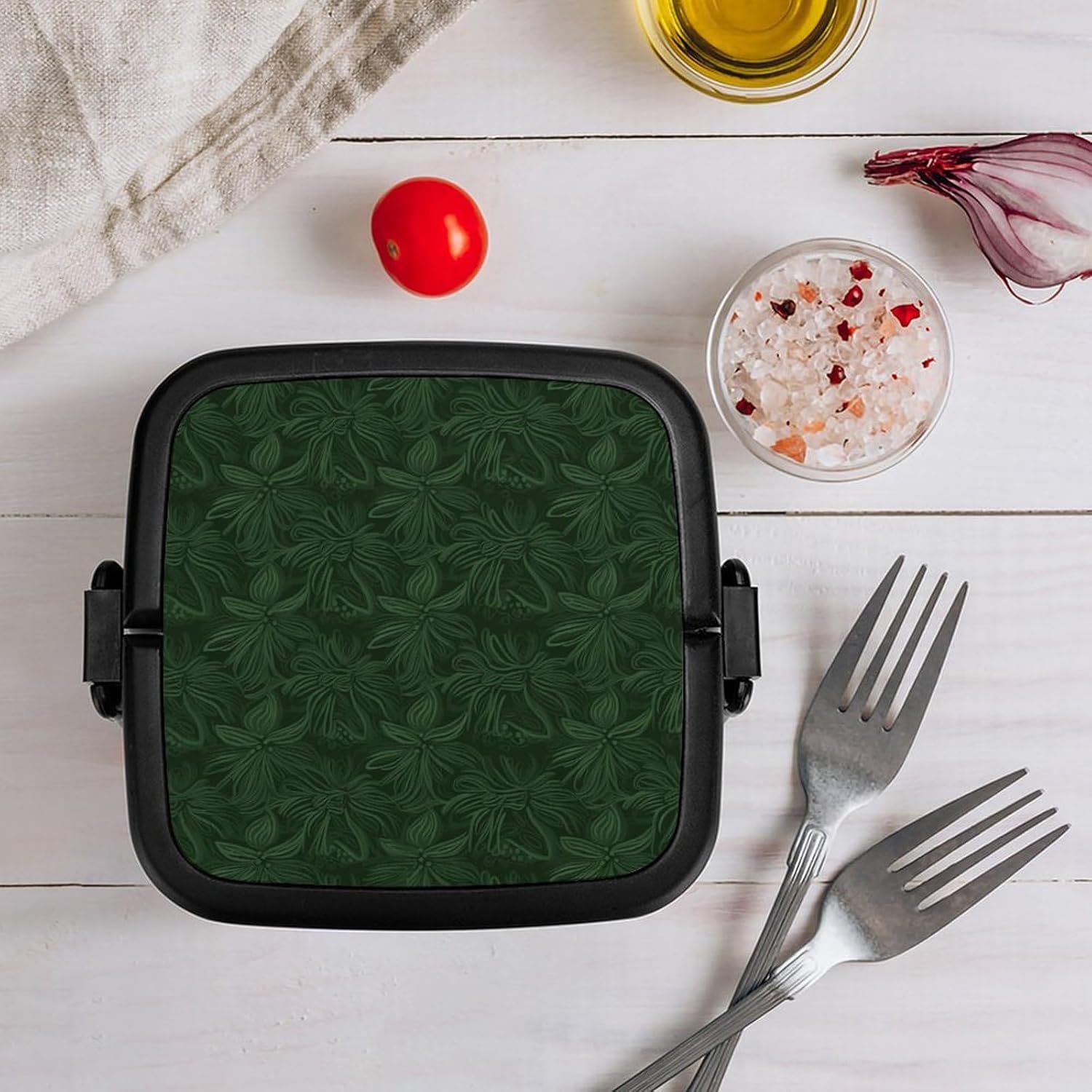 Adult Lunch Box Green Floral Petals Pattern Printed Bento Box Portable Lunch Box with Spoon And Handle Bento Boxes for Workand Picnics