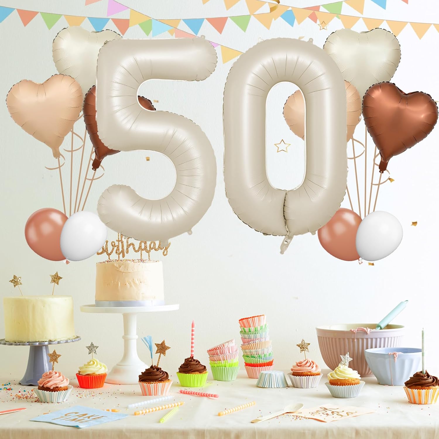 Biapian 40 Inch Cream Number 50 Balloons, 8PCS Large Foil Number 5 & 0 Balloons with 18'' Cream White Heart Balloon for 50th Year Old Birthday Decorations Men Women Wedding Anniversary Party Supplies - Image 8