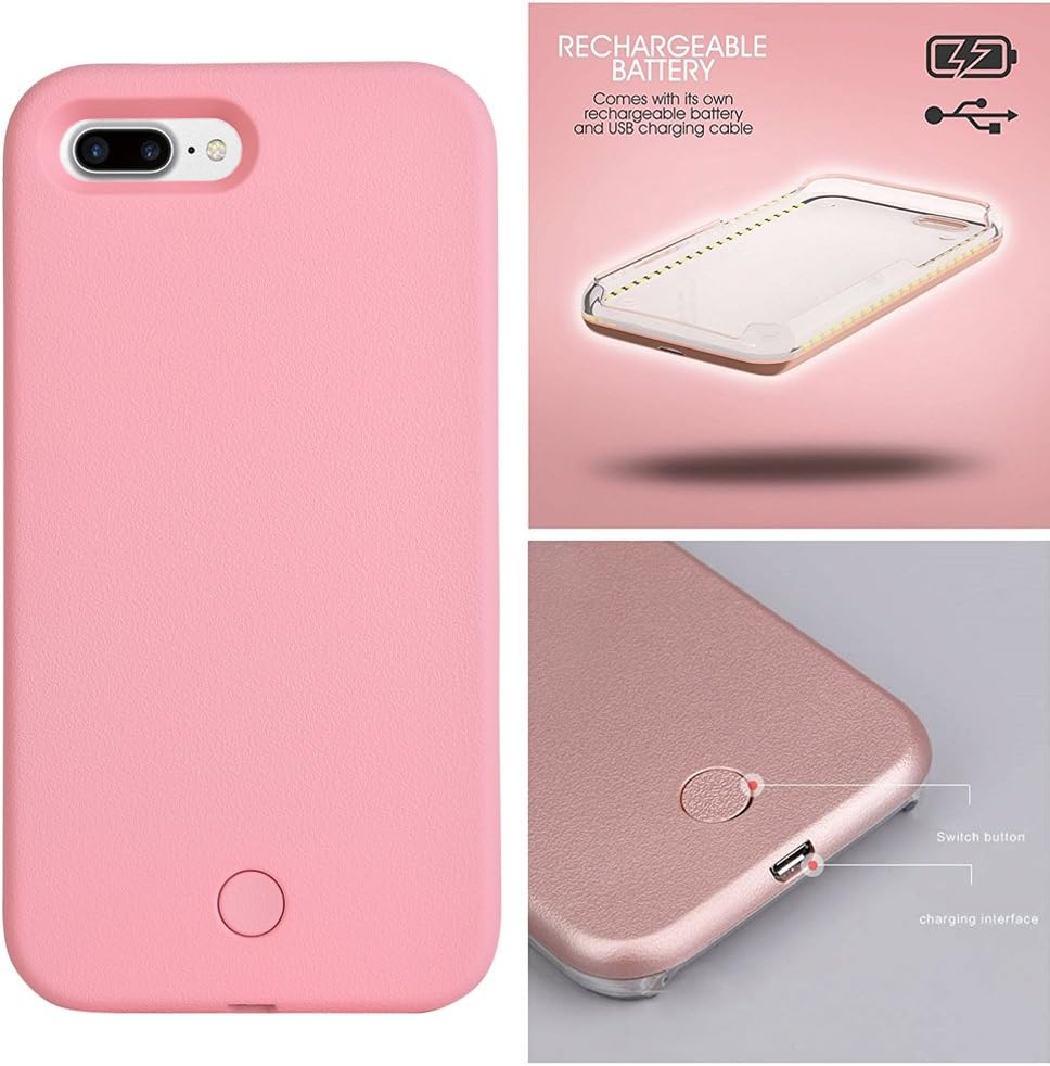 Wellerly iPhone 7 Plus Case, iPhone 8 Plus Case, LED Illuminated Selfie Light Cell Phone Case Cover [Rechargeable] Light Up Luminous Selfie Flashlight Case for iPhone 7/8 Plus 5.5inch (Pink)