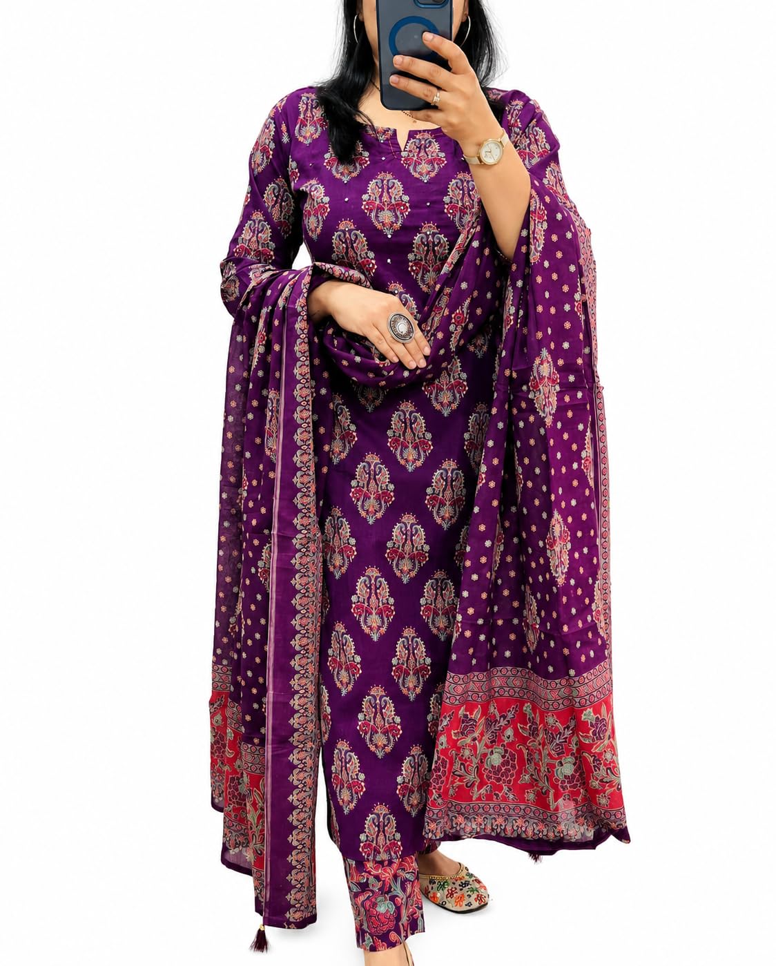 Women's Cotton Trending Straight Printed Kurta with Pants and Dupatta Set | Ethnic Set (Purple)-image-39