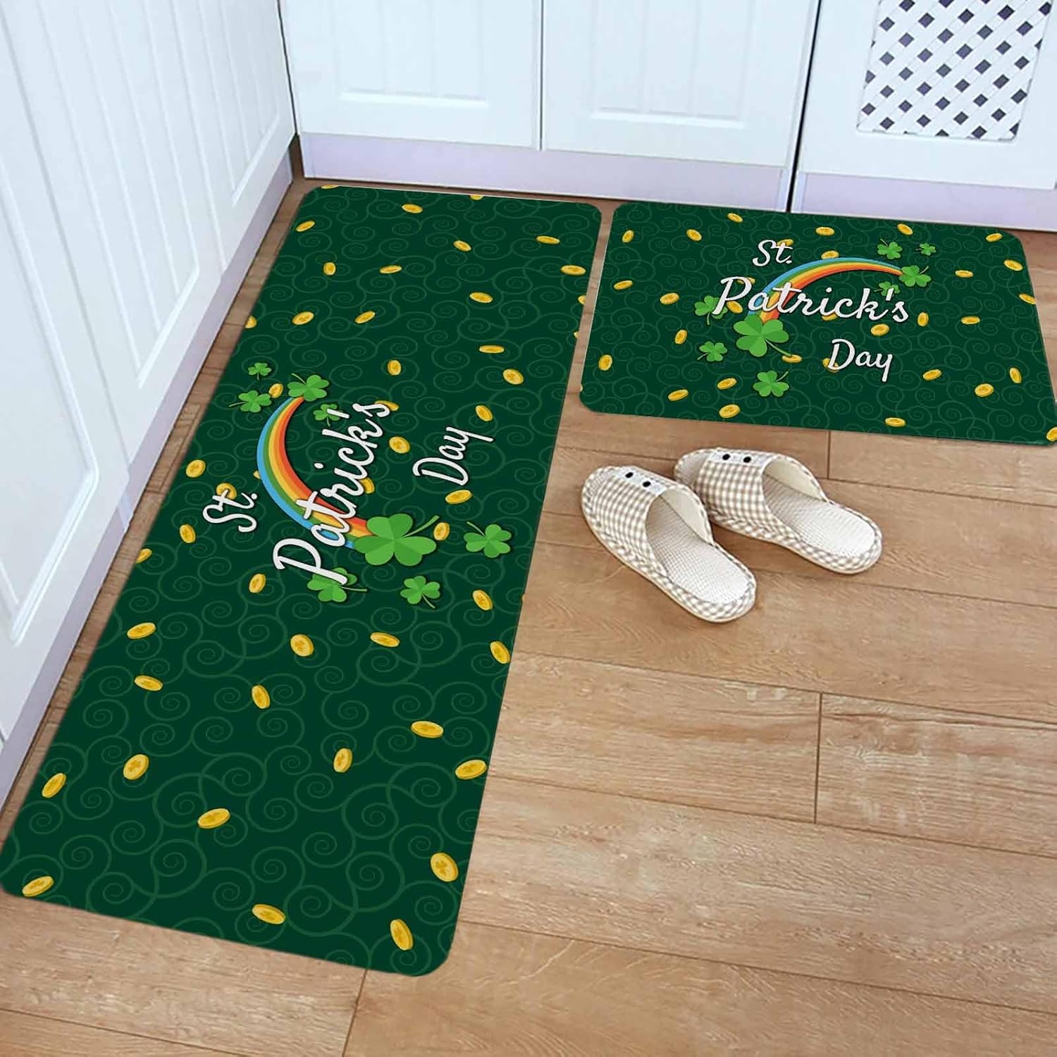 St. Patrick's Day Kitchen Rugs and Mats Set of 2, Non-Slip Kitchen Sink Mat, Green Shamrock Rainbow Gold Coin Simple Washable Doormat Bathroom Rugs Runner for Bedroom 15.7"x23.6"+15.7"x47.2"