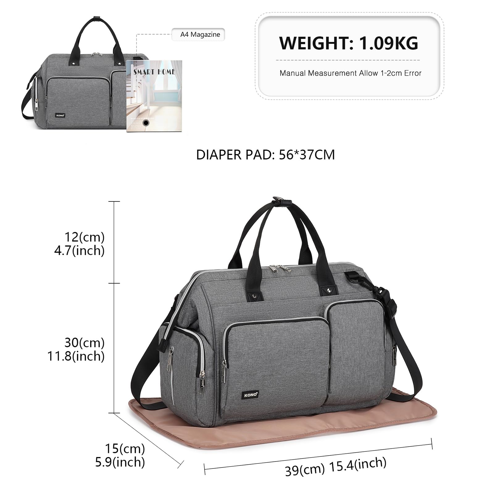 KONO Borsa per pannolini per mamma e papà, grande borsa da viaggio con fasciatoio