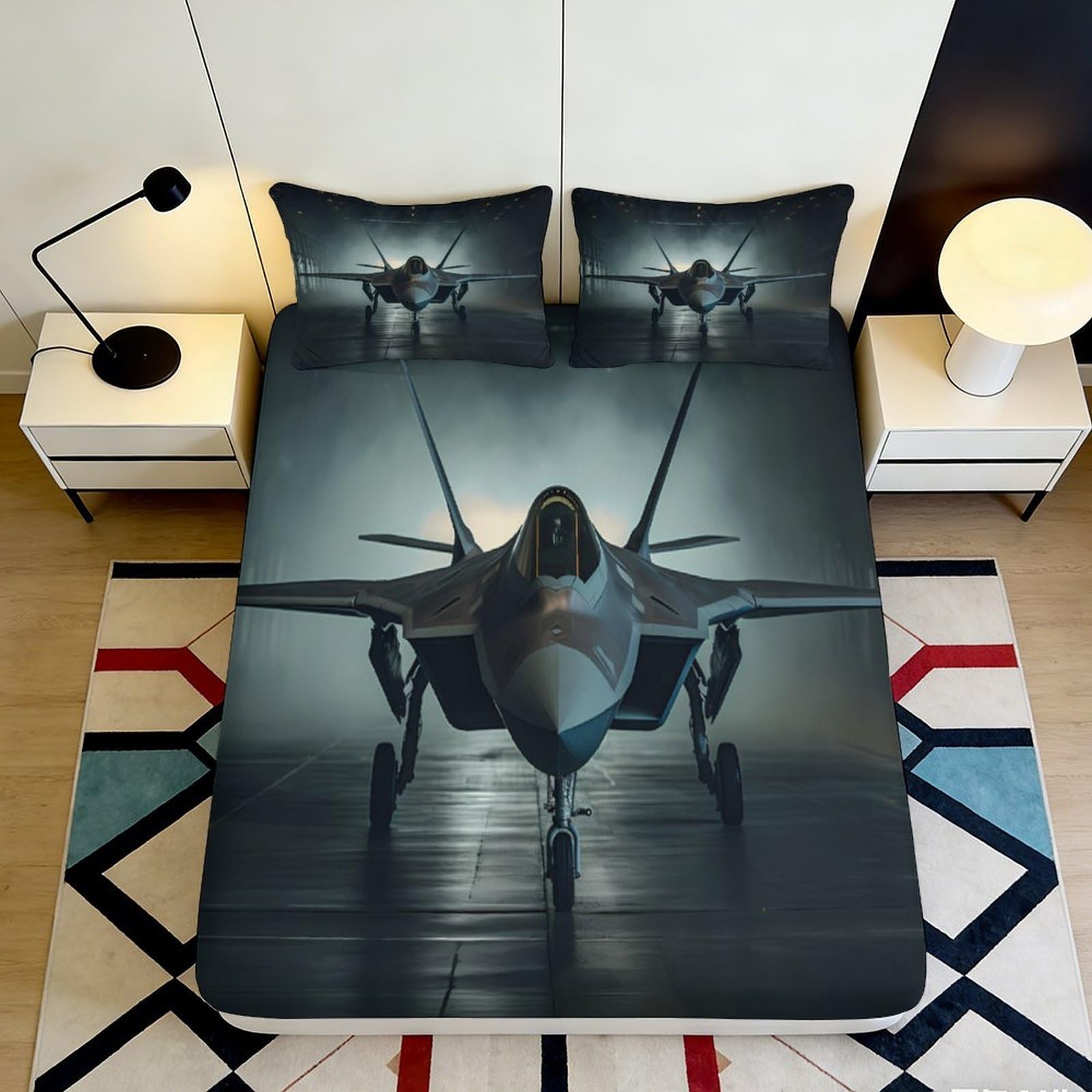 3D Printed Fighter Jet Fitted Sheet Microfiber Deep Pocket Elastic Hem Fighter Jet Mattress Fitted Cover Bedroom Bedding 180x200x25cm