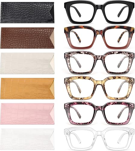 miyya Paquete de 6 lentes de lectura a la moda para mujer, bloqueo de luz azulanti rayos UV, cuadrados de gran tamaño con bisagra de resorte (M2