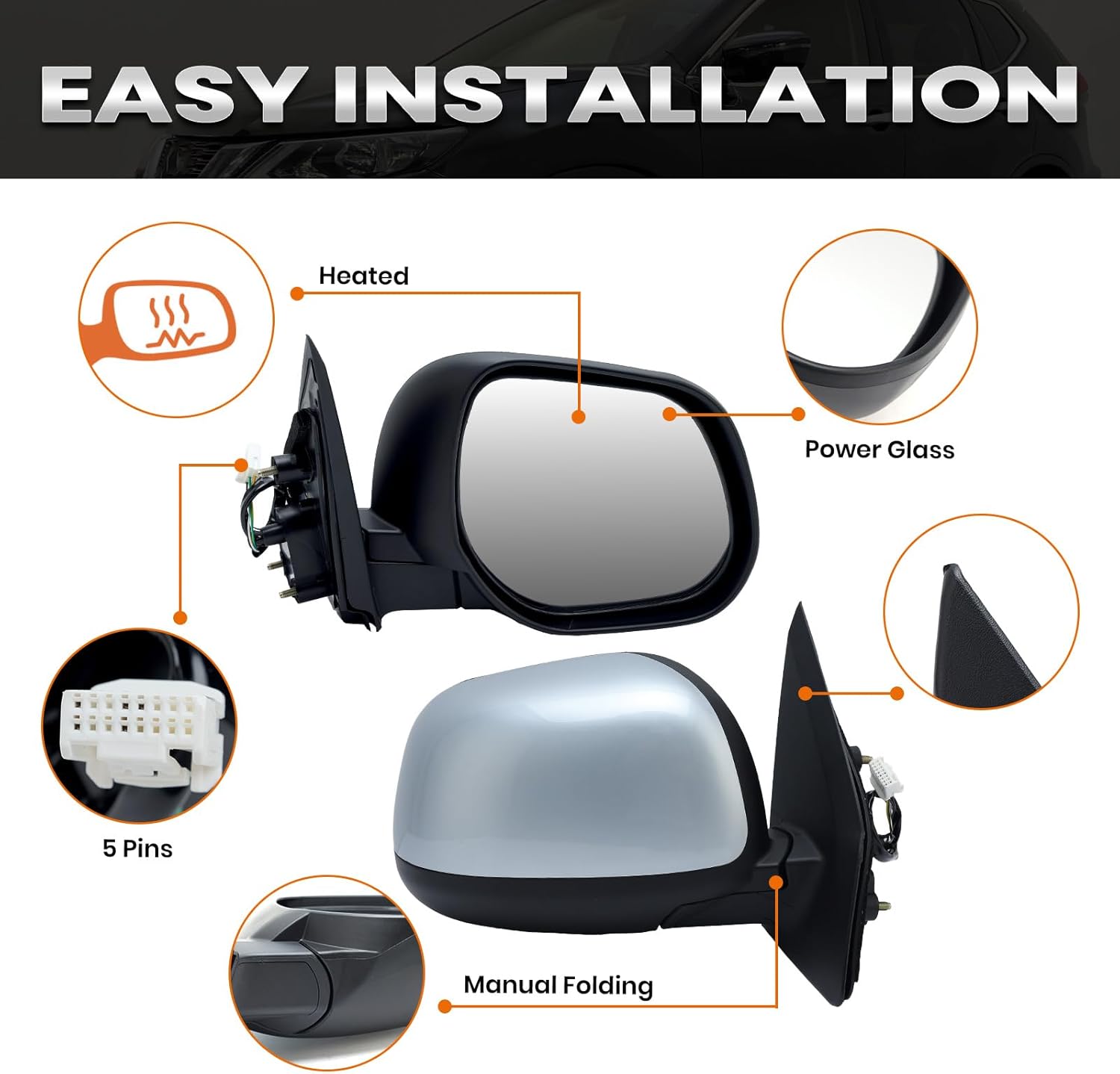 Right Passenger Side Mirror Compatible with 2011-2022 Mitsubishi Outlander Sport 2010-2013 Mitsubishi Outlander Door Mirrors Replacement Power Heated Manual Folding Prime Paintable 5 Pins