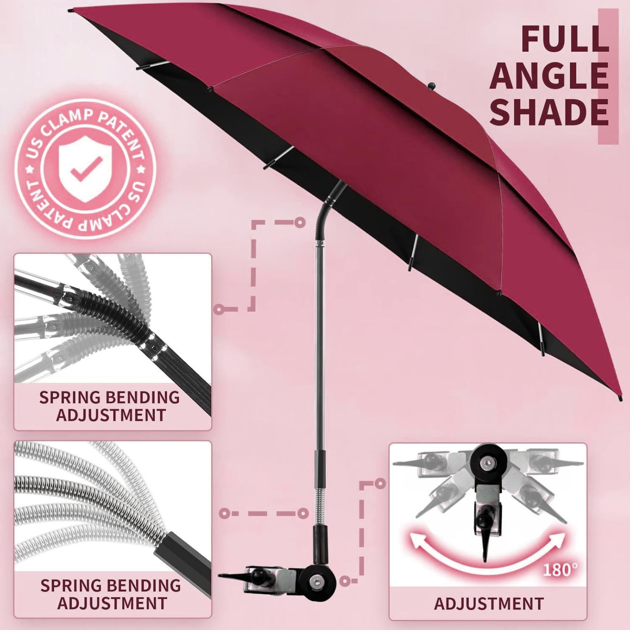 Parasol de chaise avec pince, pare-soleil d'extérieur réglable, tissu résistant aux UV de 47 pouces pour la plage, le camping, la pêche, rouge