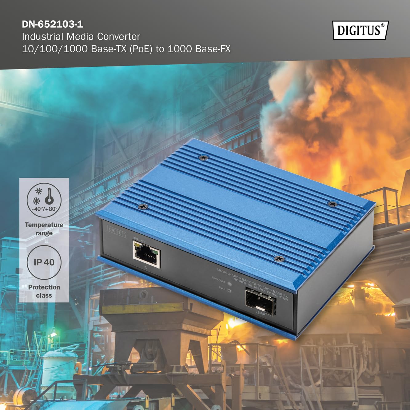 DIGITUS Convertisseur de média Industriel – RJ45 vers Port SFP