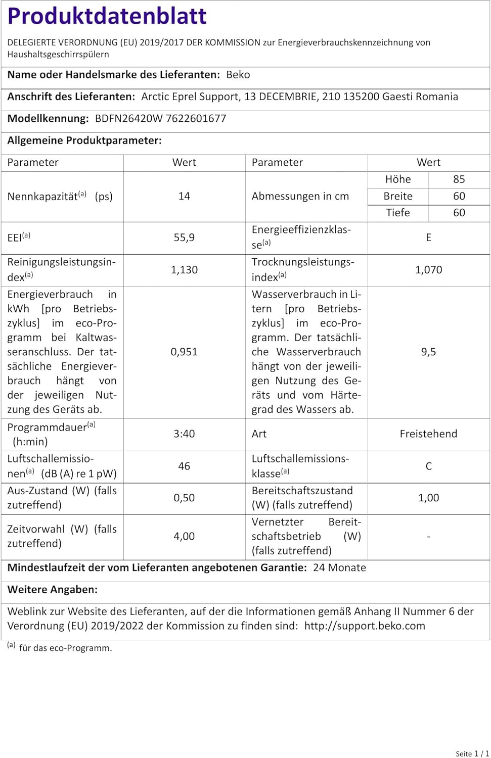 Beko B300 BDFN26420W - Lavastoviglie autoportante, montaggio inferiore, spazio per 14 soffitti su misura, motore ProSmart Inverter TrayWash, HygieneIntense, 6 programmi, WaterSafe+, bianco [Classe di efficienza energetica E]