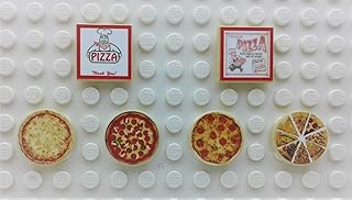 Set of 6 Custom Stickers Food Restaurant City Building Bricks Pizza Pie Toys Custom MOC Town Box Tiles 2x2x2 & Round 2x2 Great Gift idea for Kids Ages 4+ Plastic
