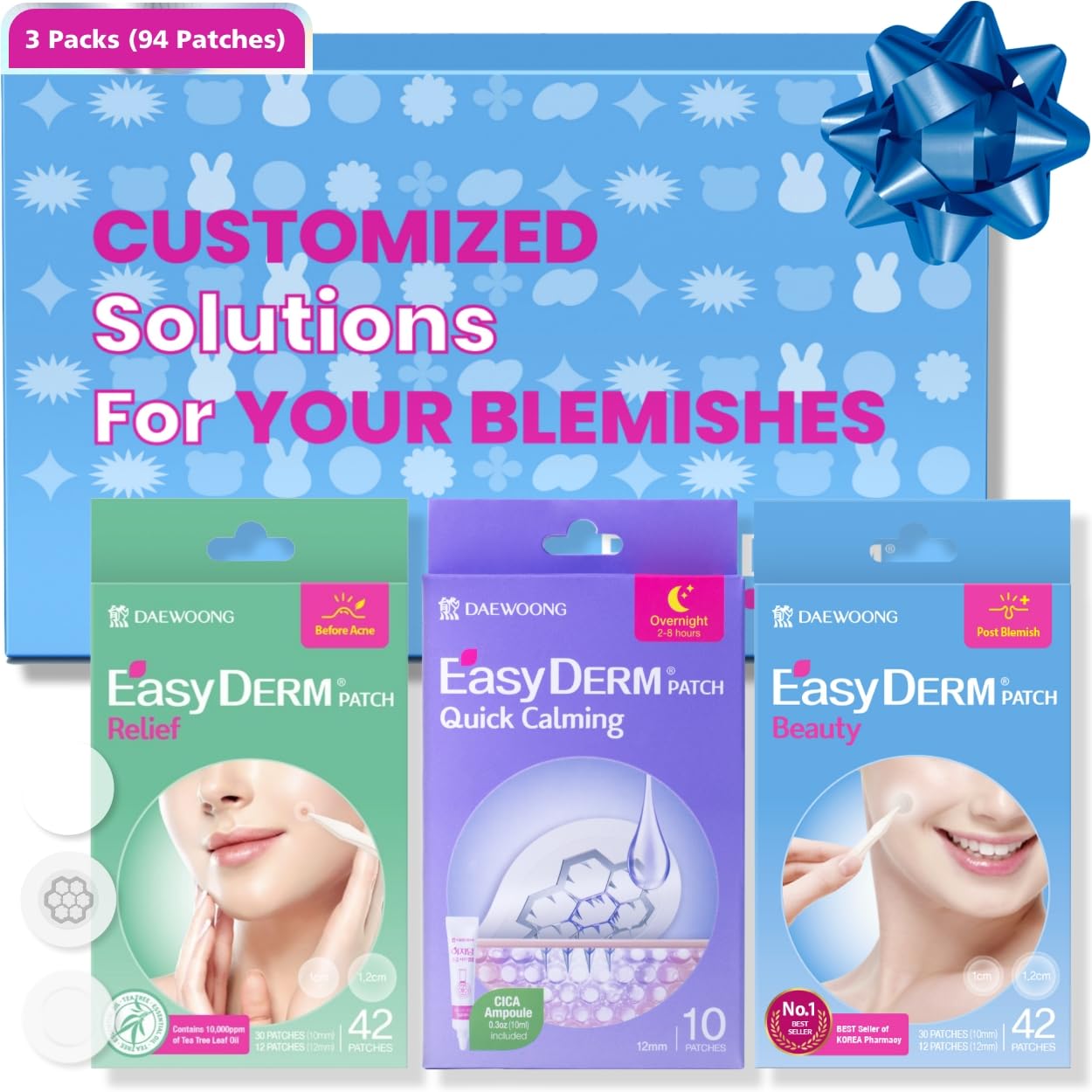 EasyDerm 3-Type Pimple Patches Gift Set, Acne care soluution, Korean Spot Patch to Cover ZitsㅣQuick Calming(10ea) + Relief(42ea) + Beauty Patches(42ea)ㅣTrendy Teen girl gifts Back to School MUST HAVE