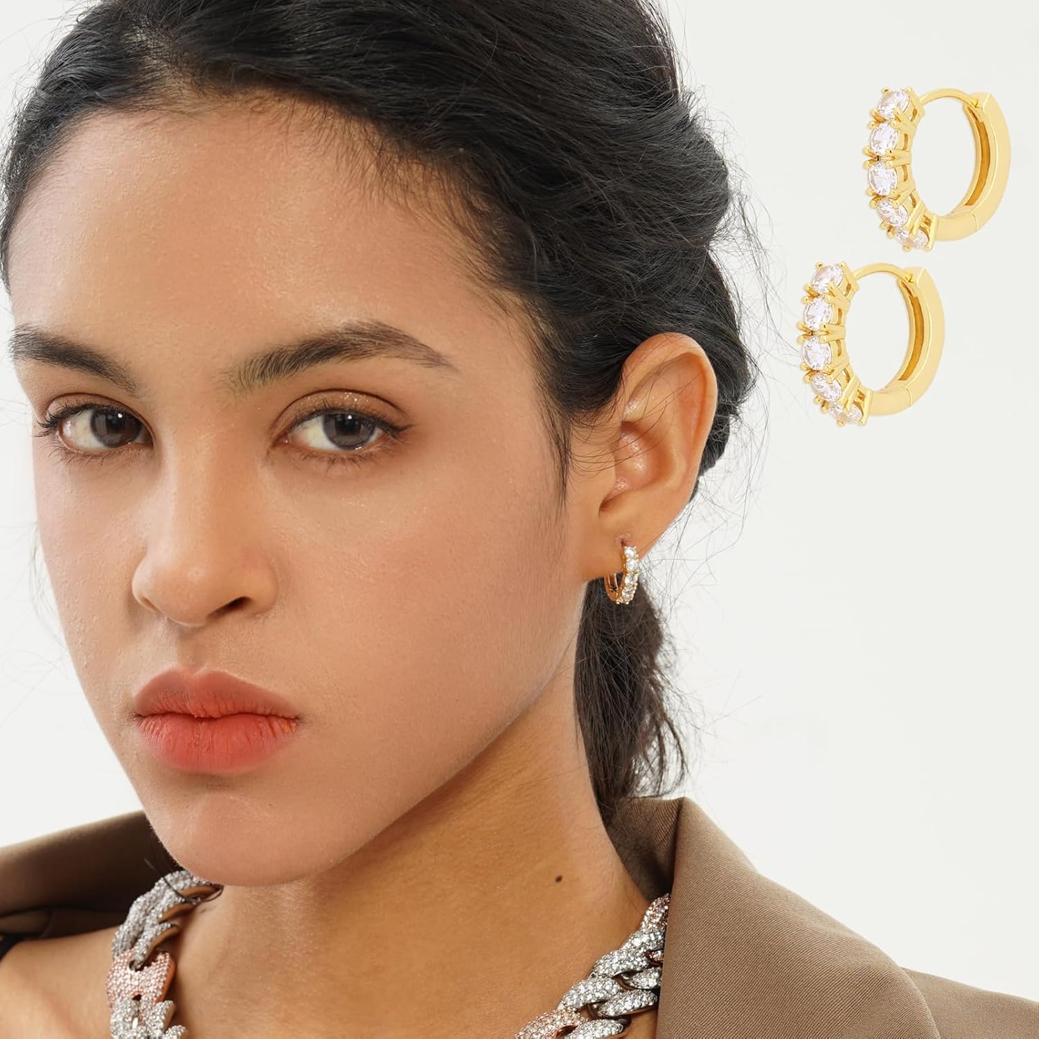 TOPGRILLZ Gold Plated Hoop Earrings For Men 14K Golden Silver Plated 5A+ Cubic Zirconia Huggie Earrings Cartilage Hypoallergenic Cuff Earrings Trendy - Image 4